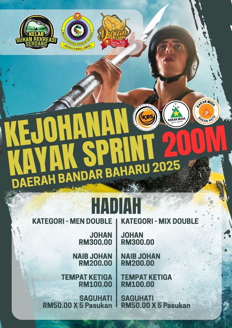 Kombinasi mantap sempena Durian Agro Tourism Fest Bandar Baharu Kedah 2025

Jom sertai Kejohanan Kayak Sprint 200M Daerah Bandar Baharu - Medan kayuhan penuh gaya dengan sambutan agro pelbagai rasa 

Pendaftaran 
forms.gle/bKRUiwyCginpCa…

Tarikh Tutup Penyertaan : 25 Jun 2025
