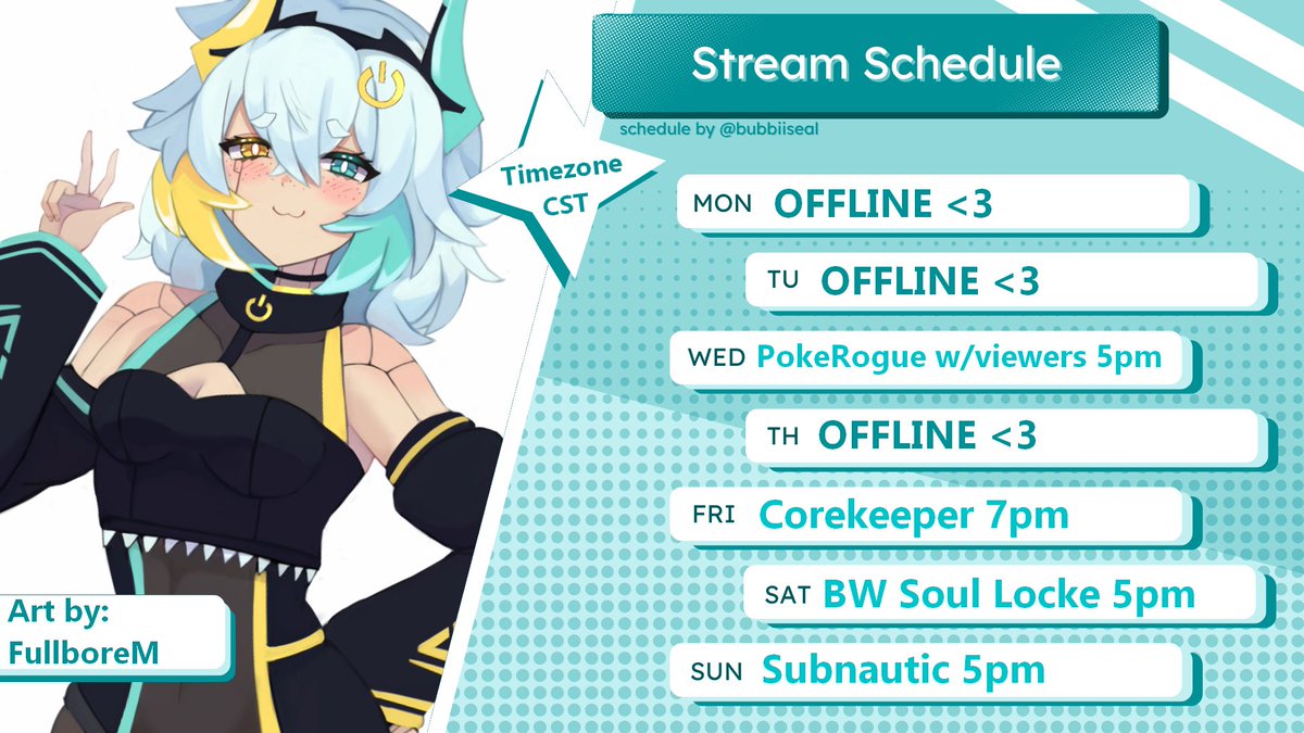 Hydra |Vtuber|π¦π (@hushedhydra) on Twitter photo Schedule for this week, hope to see you all there!! <3
We'll be naming Pokemon after chatters this wednesday! π¦
Lovely schedule template by <a href="/bubbiiseal/">Tofu | Comms Open π</a> π Schedule for this week, hope to see you all there!! <3
We'll be naming Pokemon after chatters this wednesday! π¦
Lovely schedule template by <a href="/bubbiiseal/">Tofu | Comms Open π</a> π