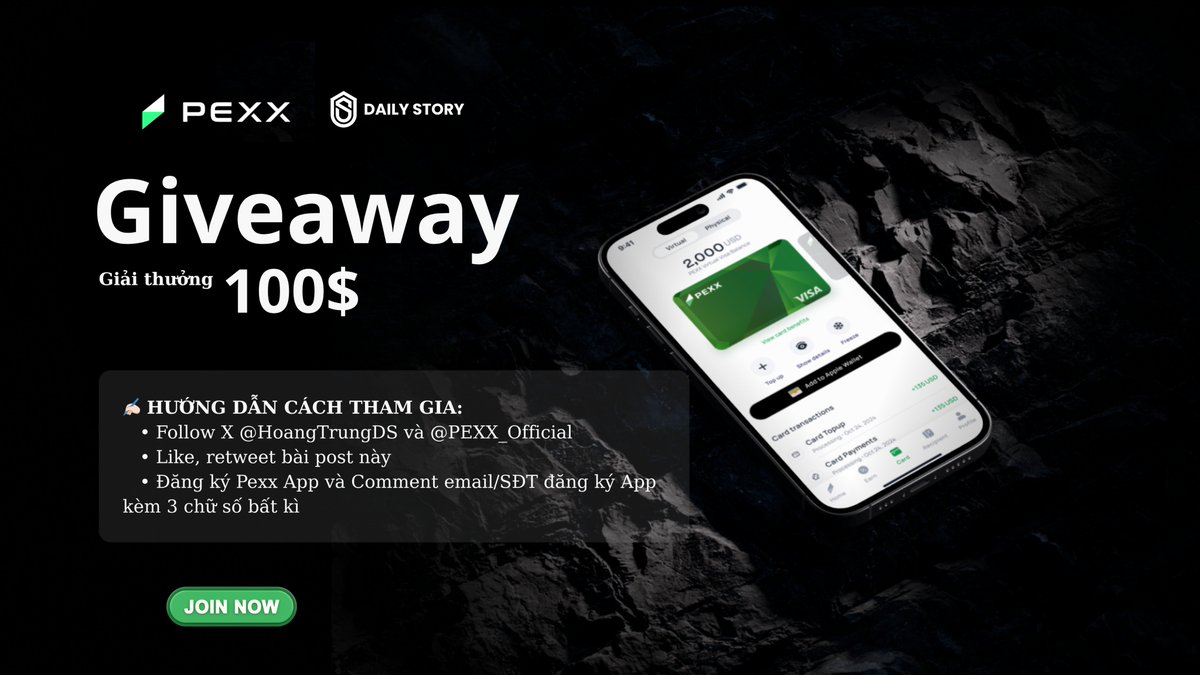 PEXX x DAILY STORY GIVEAWAY

🎁 Phần thưởng: 100$ cho 5 bạn may mắn (Mỗi giải 20$)

✍🏻 HƯỚNG DẪN CÁCH THAM GIA:
 • Follow X <a href="/HoangTrungDS/">Hoàng Trung</a> và <a href="/PEXX_Official/">PEXX</a>
 • Like, retweet bài post này
 • Đăng ký Pexx App và Comment ( email hoặc sđt ) đăng ký App kèm 3 chữ số bất