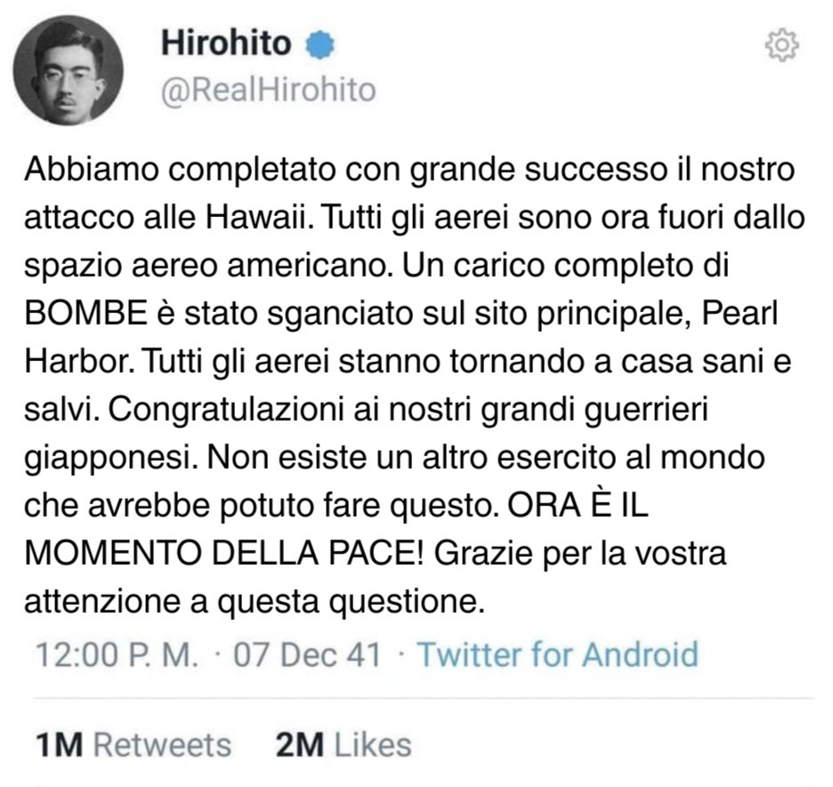 L’attacco a Pearl Harbor è stato un  successo SPETTACOLARE. La flotta americana è OBLITERATA. Il Giappone agisce per la pace e la sicurezza in Asia. Ora è il momento per la pace! HIROHITO 
#iran #israele #trump #Khamenei_ir #Netanyahu