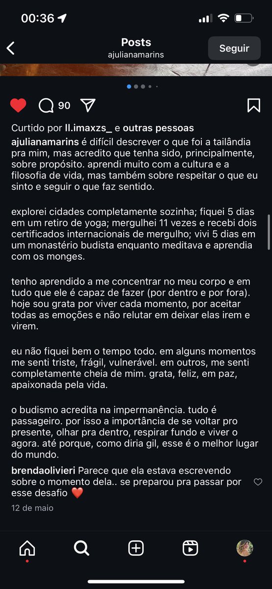 Estou olhando essa publicação da Juliana Marins sobre sua jornada nos últimos dias na Tailândia e também o tanto que aprendeu sobre a vida e sobre o seu ser. Me emocionei aqui. Ela escreve como se soubesse o que iria passar, se preparou internamente primeiro. Me arrepiei toda. ♥️