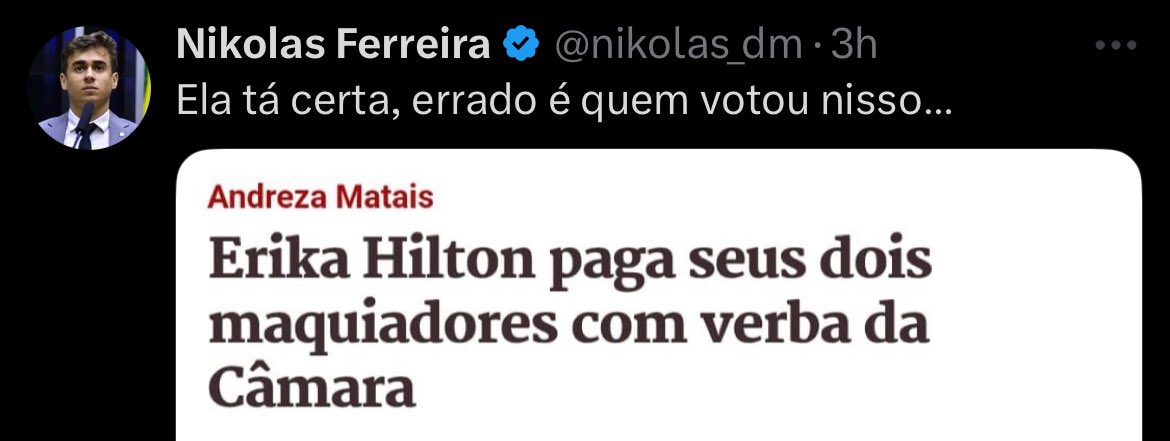 lulacervo's tweet photo. Parabéns a quem comparou Erika Hilton a Nikolas Ferreira. Ele acaba de se referir a ela como “isso”. Isso. Desumanizando ela. Pra ele, Erika é “isso”.

Vocês são ridículos. A chacota que fazem com a Erika coloca vocês do lado da direita que quer vocês mortos. 

Acordem. https://t.co/5ydZAPWSWA