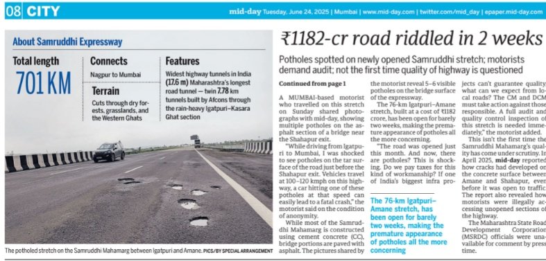Ranjeet Shamal Bajirao Jadhav (@ranjeetnature) on Twitter photo Samruddhi Mahamarg: Weeks after grand opening, craters appear on Rs 1182-crore stretch.
mid-day.com/mumbai/mumbai-…
#MSRDC #DriveWithCaution #UnsafeExpressways #TransportFail #msrdc #samruddhimahamarg #nagpurmumbaiexpressway
<a href="/CMOMaharashtra/">CMO Maharashtra</a> <a href="/mid_day/">Mid Day</a> <a href="/MSRDCLtd/">MSRDC Ltd</a> <a href="/HSPMaharashtra/">Highway Traffic Police Maharashtra</a> Samruddhi Mahamarg: Weeks after grand opening, craters appear on Rs 1182-crore stretch.
mid-day.com/mumbai/mumbai-…
#MSRDC #DriveWithCaution #UnsafeExpressways #TransportFail #msrdc #samruddhimahamarg #nagpurmumbaiexpressway
<a href="/CMOMaharashtra/">CMO Maharashtra</a> <a href="/mid_day/">Mid Day</a> <a href="/MSRDCLtd/">MSRDC Ltd</a> <a href="/HSPMaharashtra/">Highway Traffic Police Maharashtra</a>