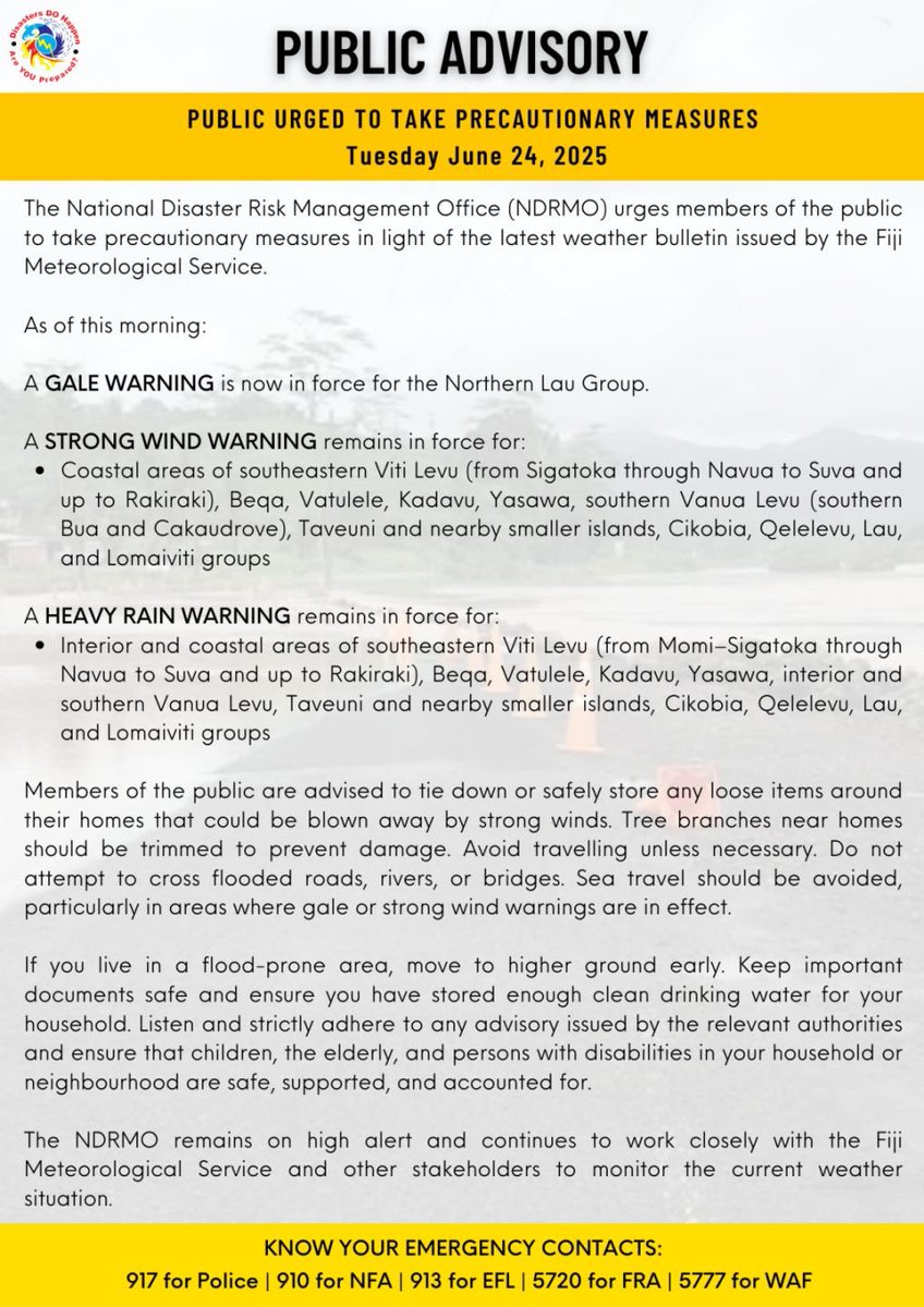 📢 PUBLIC ADVISORY📍

⚠️GALE WARNING in force for Northern Lau Group

⚠️STRONG WIND &amp; HEAVY RAIN WARNING in force for parts of Fiji

🚫 STAY AWAY from flooded coastal areas

✅Prioritise safety at all times‼️

📌If in need of assistance, contact Police on 9⃣1⃣7⃣ or #NFA on 9⃣1⃣0⃣