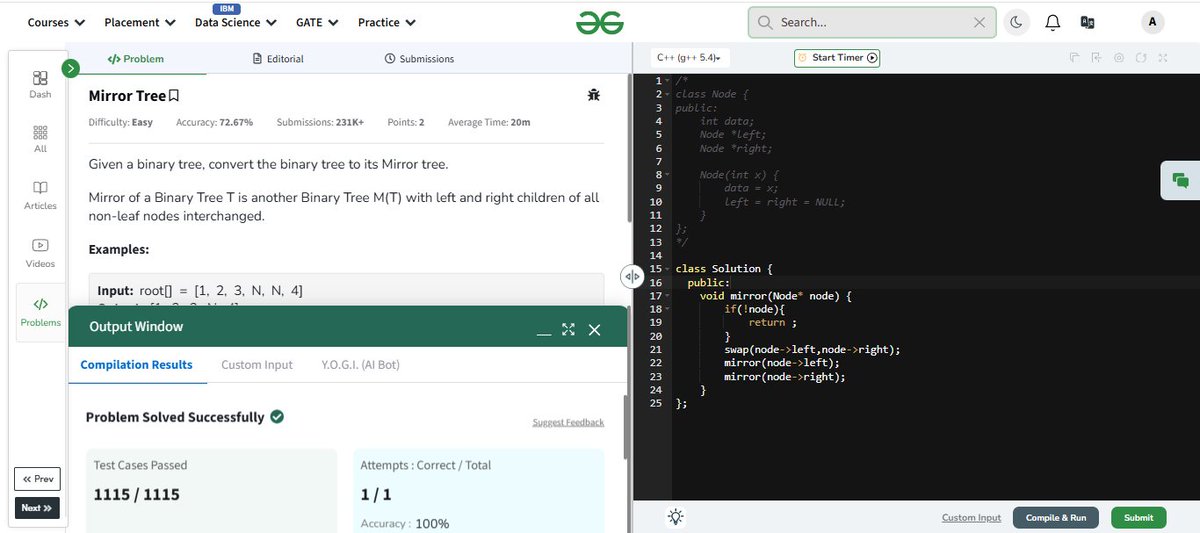 AkashPraja93120's tweet photo. Day 83 of GFG 160 Days

Problem Solved:-"Mirror Tree"

This challenge pushed me to think critically and sharpen my approach.

Grateful to @geeksforgeeksfor such a structured and rewarding learning journey! #gfg160 #geekstreak2025 

#gfg160  #geekstreak2025 #DAY83 https://t.co/fJp9JRJRfx