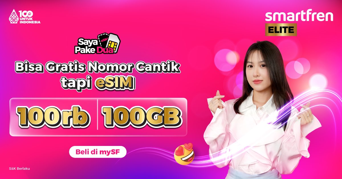 Bisa 100GB 100rb, tapi eSIM
@‌christabelc.s

Beli skarang di mySmartfren atau Smartfren - Beli Kartu Perdana, eSIM &amp; Paket Internet
#sayapakedua #esimsmartfren #smartfren #100PersenUntukIndonesia

Landing page : s.id/esim100GB