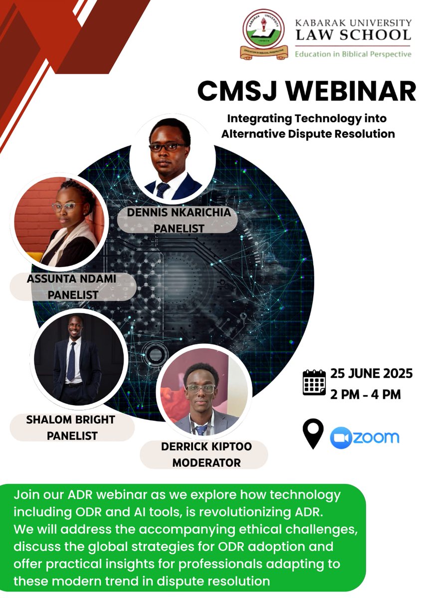 Tomorrow from 2 PM, the Centre for Multiple Systems of Justice will host its 1st webinar of the year. This webinar will focus on the role of online dispute resolution in ADR and the opportunities and risks it brings. 

REGISTER 👇🏾
kabarak-ac-ke.zoom.us/meeting/regist…