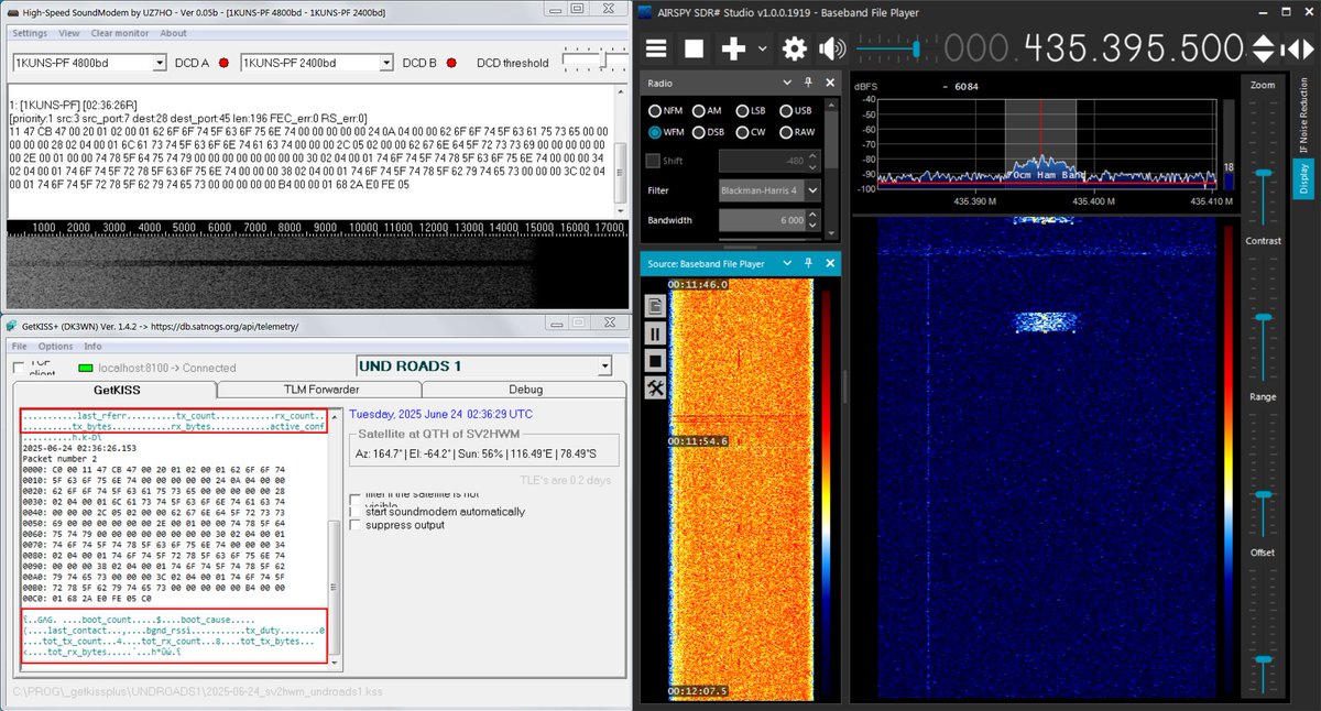 Merkouris SV2HWM (@sv2hwm) on Twitter photo 2025-06-24 00:11 UTC โ Reception of raw telemetry from the ๐บ๐ธ 3U CubeSat ๐ฐ๏ธ UND ROADS 1 or 2 ๐ค on 435.400 MHz, in FSK AX.100 Mode 5 @ 4800 bd, soon after its deployment. Replay of recorded IQ with <a href="/airspy_com/">Airspy R2/Mini</a> R2 and Yagi antenna in ๐ฌ๐ท. <a href="/UNDAerospace/">UNDAerospace</a> 2025-06-24 00:11 UTC โ Reception of raw telemetry from the ๐บ๐ธ 3U CubeSat ๐ฐ๏ธ UND ROADS 1 or 2 ๐ค on 435.400 MHz, in FSK AX.100 Mode 5 @ 4800 bd, soon after its deployment. Replay of recorded IQ with <a href="/airspy_com/">Airspy R2/Mini</a> R2 and Yagi antenna in ๐ฌ๐ท. <a href="/UNDAerospace/">UNDAerospace</a>