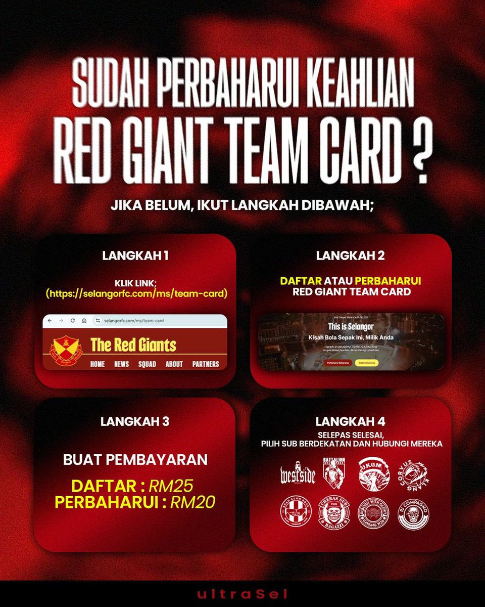 DAPATKAN PAS MUSIM PINTU UTARA !

DAH RENEW TEAM CARD? 
BELUM ADA TEAM CARD?
NAK BELI PAS MUSIM PINTU UTARA?

Langkah-langkah yang perlu dilakukan;

LANGKAH 1

➡️ DAFTAR / PERBAHARUI terlebih dahulu Team Card korang di selangorfc.com/en/team-card