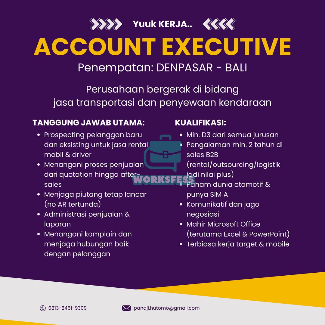 Untuk kamu yang ready to work!

🚨 𝐇𝐈𝐑𝐈𝐍𝐆 🚨
Account Executive
📍 Penempatan: 𝐃𝐞𝐧𝐩𝐚𝐬𝐚𝐫, 𝐁𝐚𝐥𝐢

𝐁𝐢𝐬𝐚 𝐥𝐚𝐧𝐠𝐬𝐮𝐧𝐠 𝐚𝐩𝐩𝐥𝐲 𝐤𝐞:
(lanjut ke reply)
