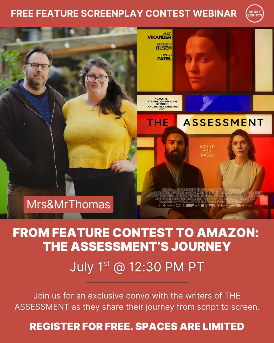 Join our FREE webinar with the #screenwriters of THE ASSESSMENT, who went from winning our Feature Screenplay Contest to selling their film starring Elizabeth Olsen &amp; Alicia Vikander to Amazon. Hear their journey &amp; get insider tips! 

Register now: zoom.us/webinar/regist…
