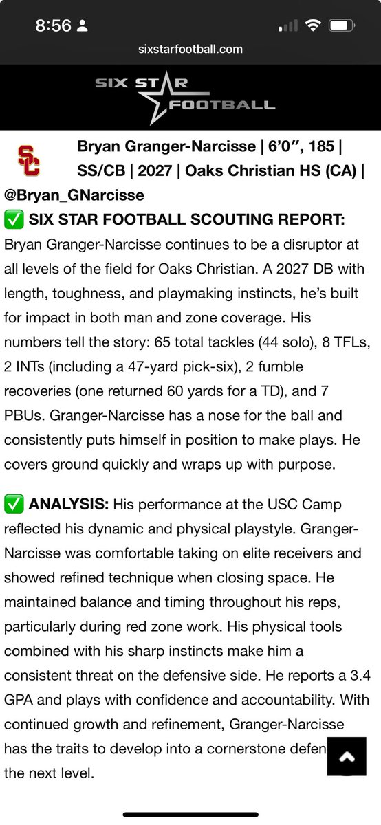 Bryan Granger-Narcisse (@bryan_gnarcisse) on Twitter photo Big thank you to @SixStarFootball for the great write-up and continued support, and to <a href="/uscfb/">USC Football ✌️</a> for an elite camp experience! Grateful for the recognition and ready to keep working! 💪🏽🔥
<a href="/oclionsfootball/">OC Lions Football</a> <a href="/Malikcyphers/">👑</a> <a href="/adamgorney/">Adam Gorney</a> <a href="/BrandonHuffman/">Brandon Huffman</a> <a href="/GregBiggins/">Greg Biggins</a> <a href="/MattPrehm/">Matt Prehm</a> Big thank you to @SixStarFootball for the great write-up and continued support, and to <a href="/uscfb/">USC Football ✌️</a> for an elite camp experience! Grateful for the recognition and ready to keep working! 💪🏽🔥
<a href="/oclionsfootball/">OC Lions Football</a> <a href="/Malikcyphers/">👑</a> <a href="/adamgorney/">Adam Gorney</a> <a href="/BrandonHuffman/">Brandon Huffman</a> <a href="/GregBiggins/">Greg Biggins</a> <a href="/MattPrehm/">Matt Prehm</a>