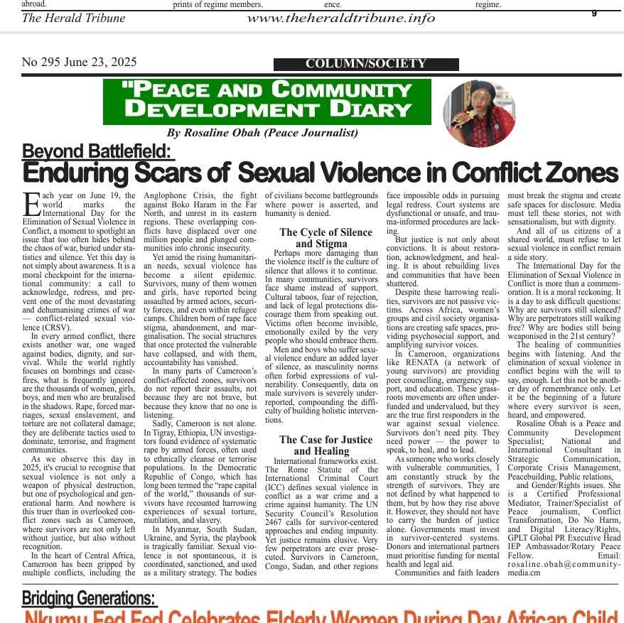 New article in The Herald Tribune 🇨🇲
In my latest column, I examine sexual violence as a weapon of war in conflict zones.
We must all speak out—ending this horror starts with awareness, solidarity &amp; action. Survivors deserve justice.

#EndSexualViolence #StopRapeInWar #Cameroon