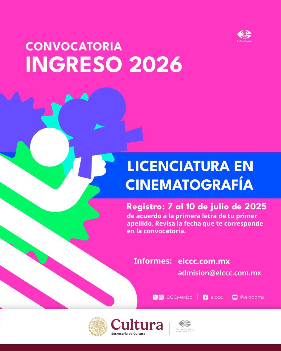 CCCMexico's tweet photo. 🎬 ¡Atención cineastas del futuro!

El CCC abre sus convocatorias 2026:

📚 Curso de Guion Cinematográfico

🎥 Curso de Producción Cinematográfica y Audiovisual

🎓 Licenciatura en Cinematografía

https://t.co/RU2xahogzM https://t.co/wwESpLVzLh
