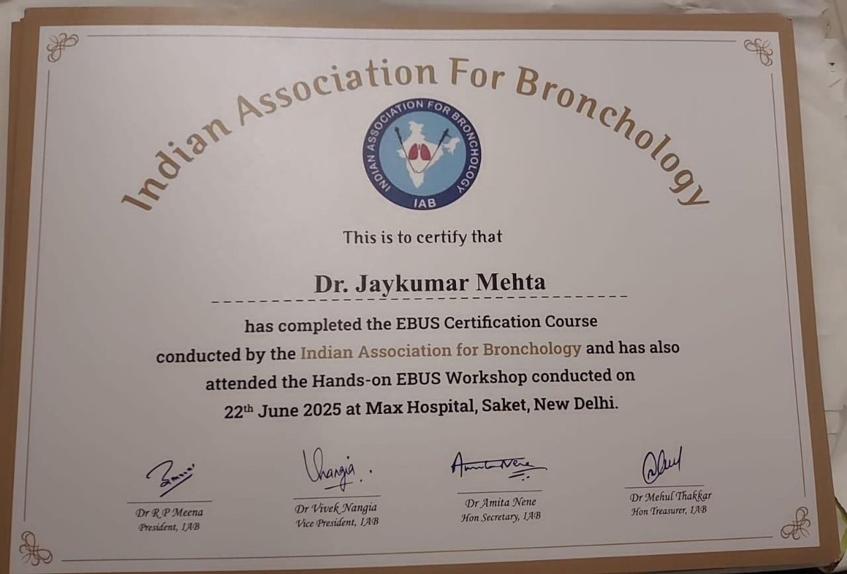 mehta_jaykumar's tweet photo. Every step forward is for one purpose only — better care, deeper knowledge, and more precision for my patients.

#drjaykumarmehtainterventionalpulmonologist 
#EBUSBronchoscopist
#PulmonaryExcellence
#LearningNeverStops
#AksharPulmoCare
#AdvancedCareWithCompassion https://t.co/i7Ktbhg05l
