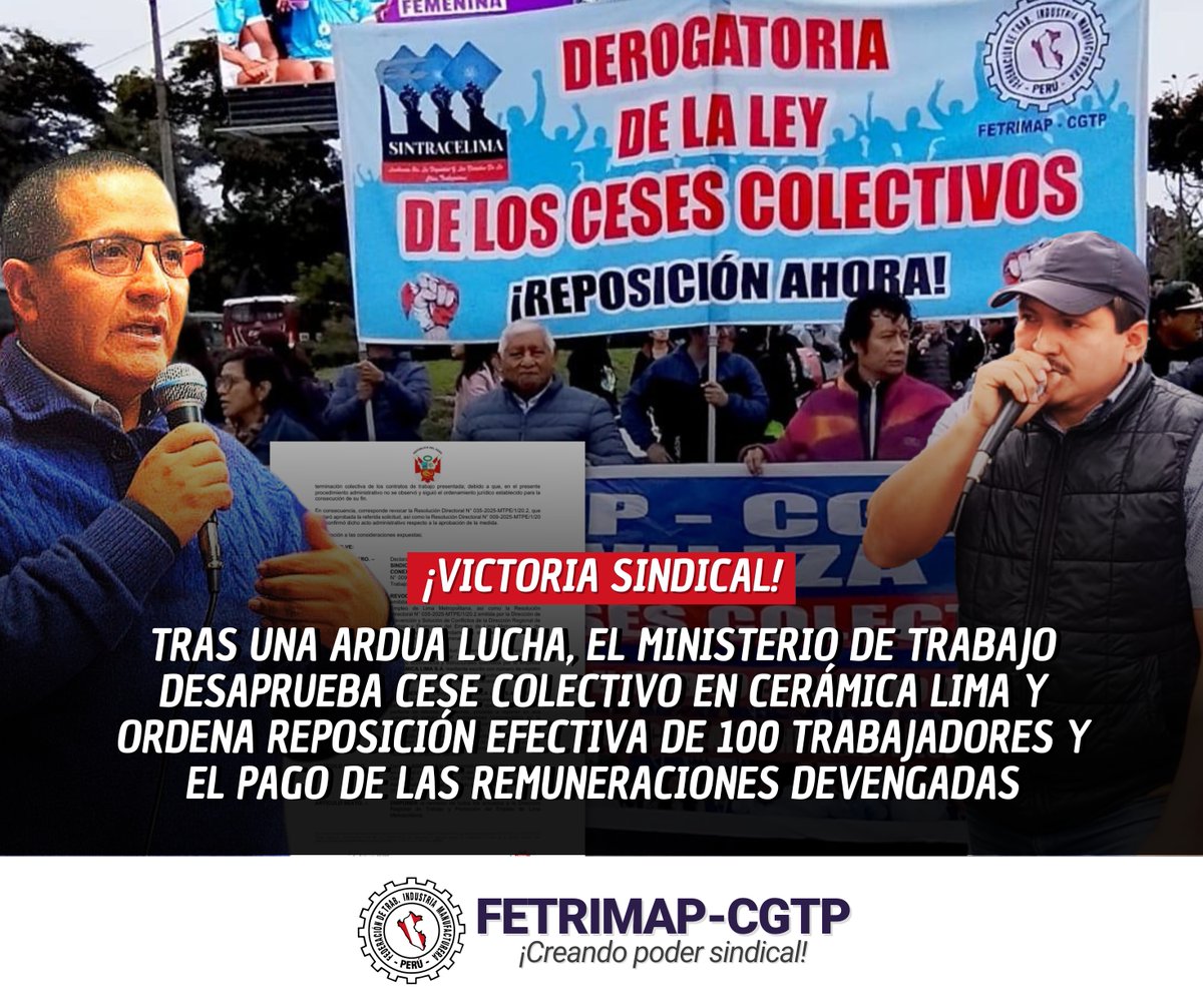 FETRIMAP-CGTP Peru (@fetrimap_cgtp) on Twitter photo ¡VICTORIA SINDICAL!
<a href="/MTPE_Peru/">Ministerio de Trabajo y Promoción del Empleo</a> resuelve DESAPROBAR CESE COLECTIVO en Ceramica Lima y ordena la reposición efectiva de 100 trabajadores y el pago de sus remuneraciones dejadas de percibir en el periodo que estuvieron los trabajadores inmersos en la suspención perfecta de labores. ¡VICTORIA SINDICAL!
<a href="/MTPE_Peru/">Ministerio de Trabajo y Promoción del Empleo</a> resuelve DESAPROBAR CESE COLECTIVO en Ceramica Lima y ordena la reposición efectiva de 100 trabajadores y el pago de sus remuneraciones dejadas de percibir en el periodo que estuvieron los trabajadores inmersos en la suspención perfecta de labores.