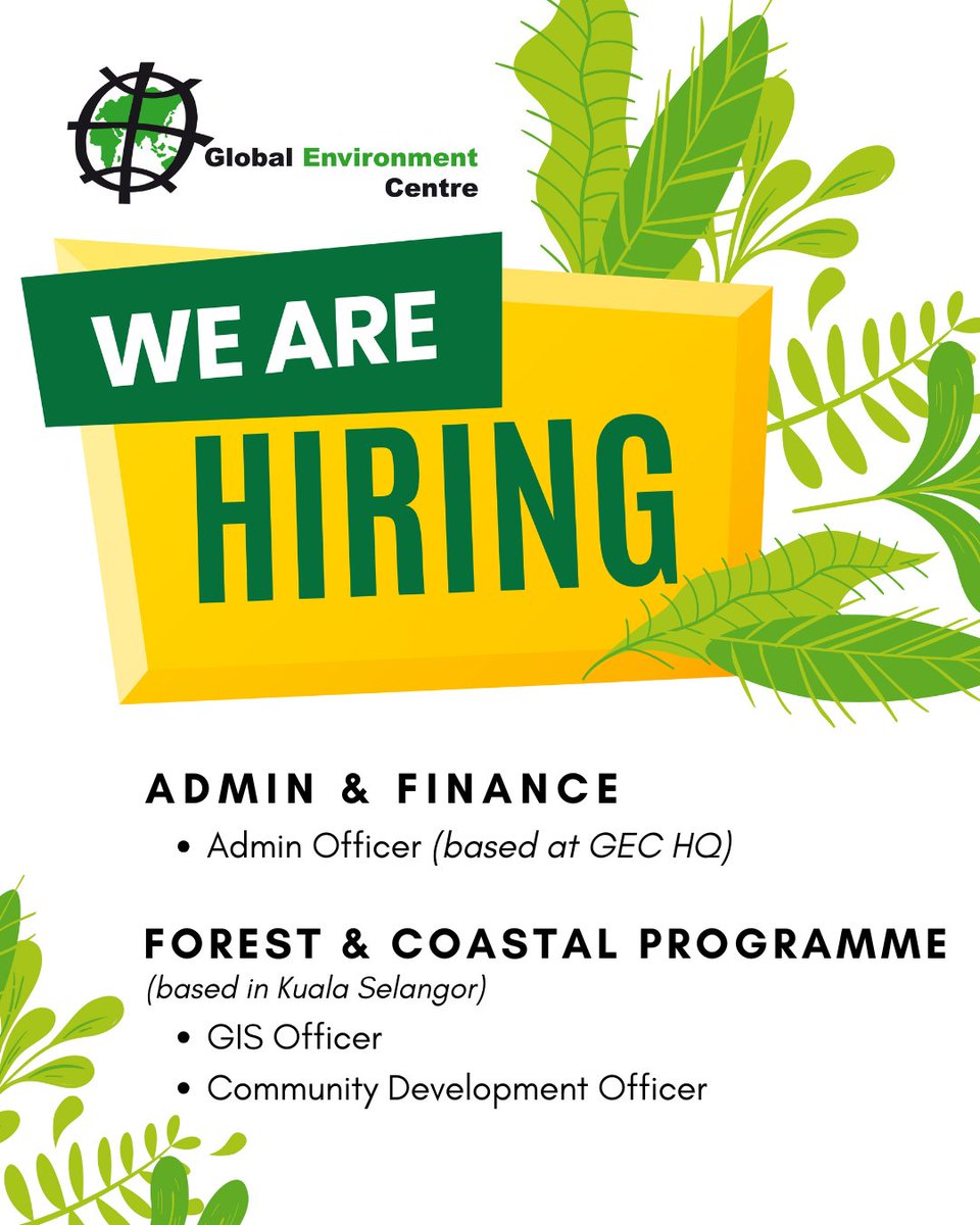 GEC is looking for dedicated individuals to join our team at the our HQ in Petaling Jaya and the GEC-CoSPeC site office in Kuala Selangor.

Explore current openings: gec.org.my/vacancies

#Hiring #JobOpportunity #Vacancy #Admin #GIS #Community #globalenvironmentcentre