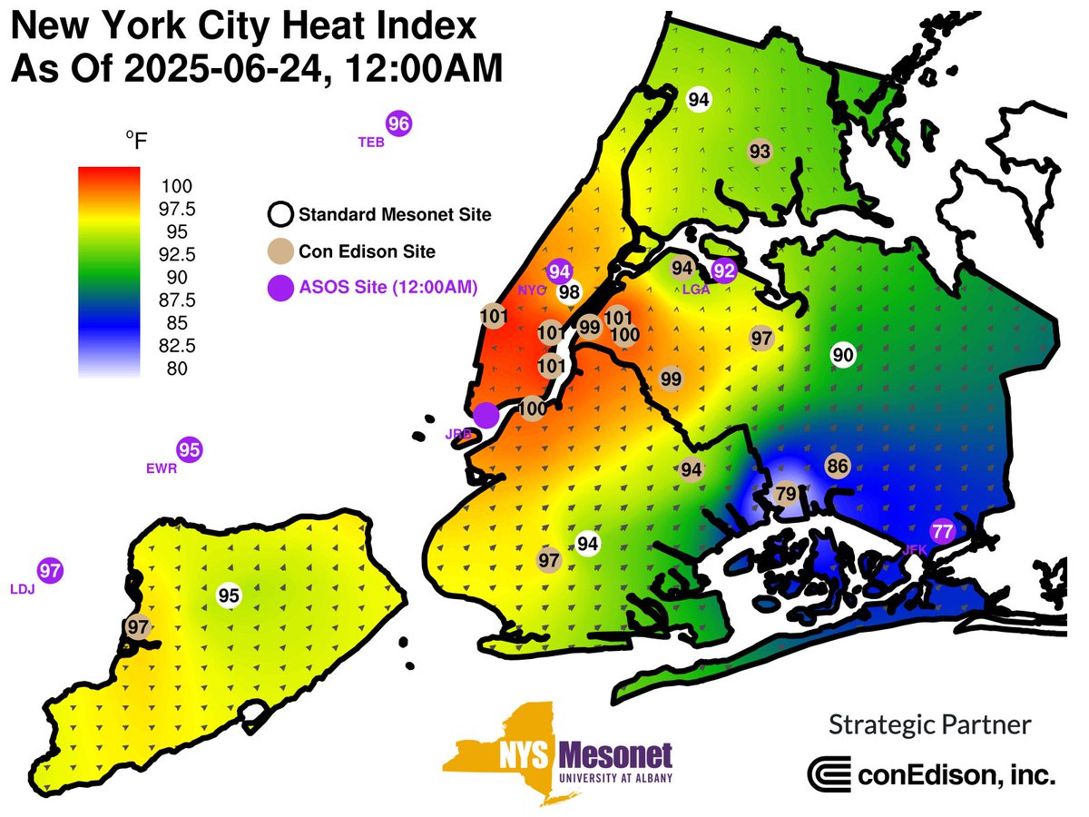 NYSWRCC's tweet image. While hot temperatures affected all of NY on Monday, urban areas such as #NYC are feeling the brunt of the heatwave tonight. At midnight, most of NYC feels like its warmer than 90F while some locations even feel like 100F. Do whatever you can to stay cool tonight!