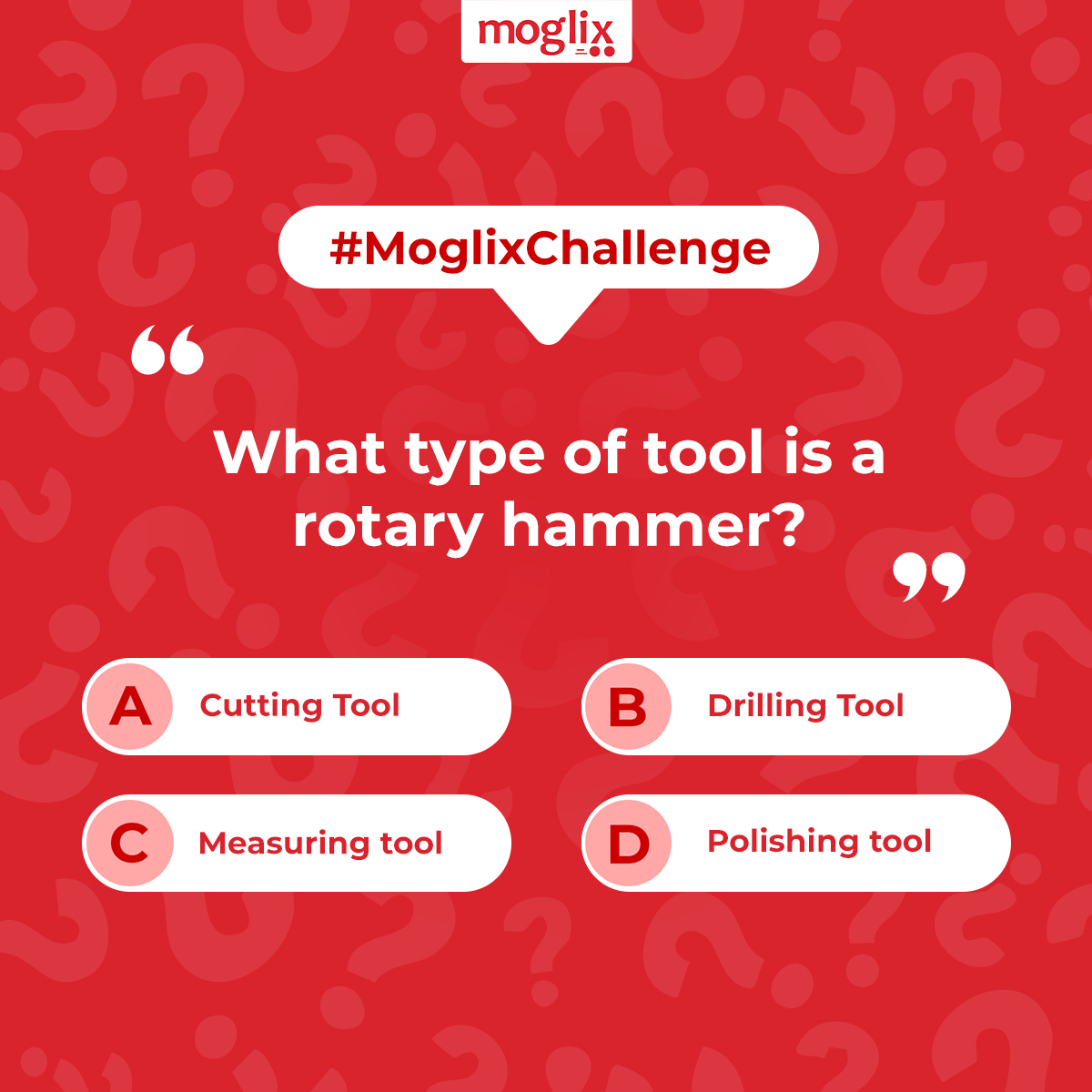 Challenge alert! 🚨 Test your tool knowledge with the #MoglixChallenge!

Can you guess what type of tool a “rotary hammer” is?

Drop your answer in the comments below, tag 3 friends, and stand a chance to WIN exciting goodies! 🎁

#MoglixChallenge #quiz #challenge #MoglixHaiNa