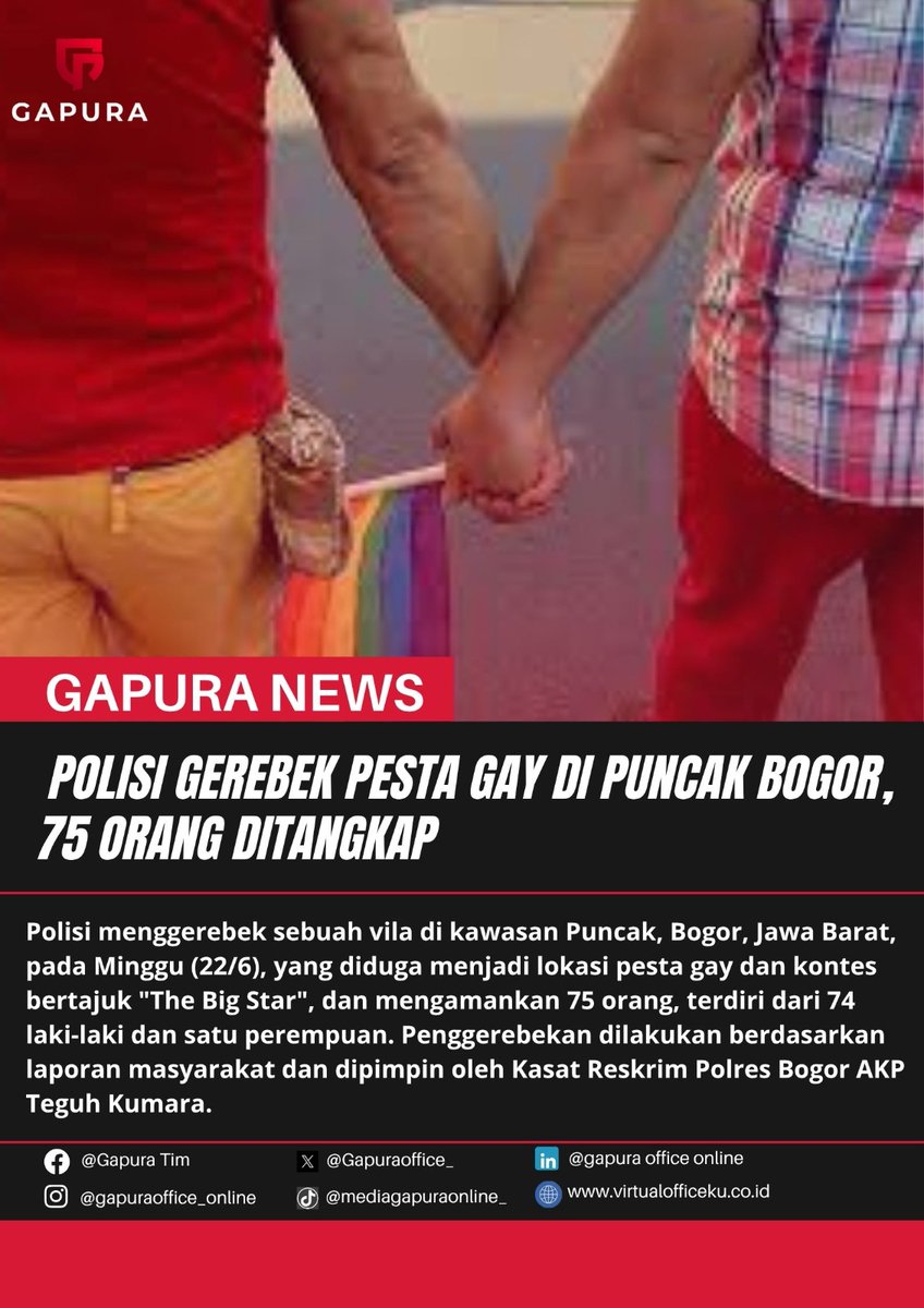 Gapuraoffice_'s tweet photo. ๐จ Polisi Amankan 75 Orang dari Acara di Puncak
Aparat menindak acara tak berizin di salah satu vila kawasan Puncak, Bogor.
#BeritaTerkini #GapuraNews #BogorUpdate #gaybogor
#gaylokal https://t.co/Xzs2VMMLNA