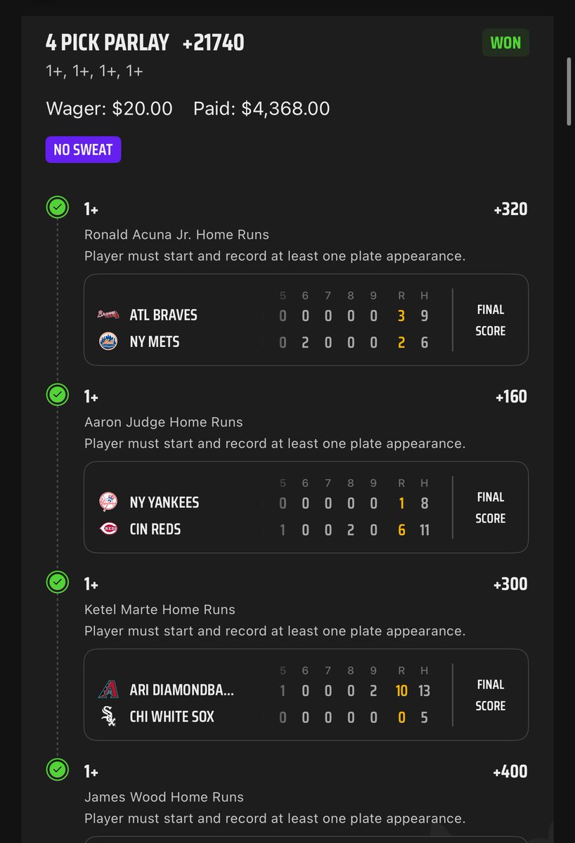 agentcnote's tweet photo. When we hit, we hit huge! +20000 odds on this four leg home run parlay and we crush! Let’s go! #CoryLive
💪 ✅💰 https://t.co/r5chMAKDX0