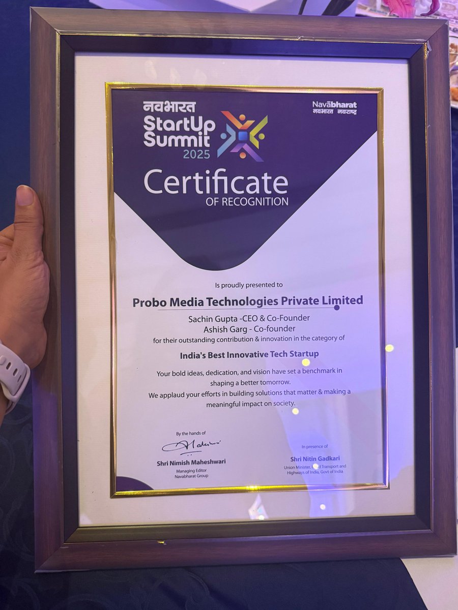 probo_india's tweet image. From a bold idea to Bharat’s most innovative tech startup, what a journey.

Honoured to receive the India’s Best Innovative Tech Startup award from Shri Nitin Gadkari ji.

This win belongs to every dreamer who backed us.