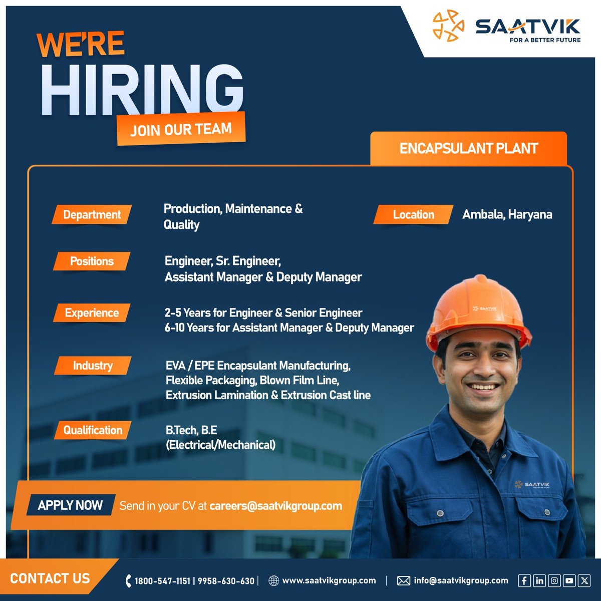 Saatvik Solar (@saatviksolar) on Twitter photo We are Hiring at Saatvik Solar.We are looking for passionate and experienced individuals for the following roles:
🔹 Senior Engineers
🔹 Engineers
🔹 Deputy Managers
🔹 Assistant Manager
Interested candidates can share their profiles at careers@saatvikgroup.com
#jobs #hiringnow We are Hiring at Saatvik Solar.We are looking for passionate and experienced individuals for the following roles:
🔹 Senior Engineers
🔹 Engineers
🔹 Deputy Managers
🔹 Assistant Manager
Interested candidates can share their profiles at careers@saatvikgroup.com
#jobs #hiringnow
