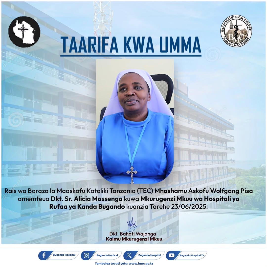 Pongezi kubwa kwa Sr Dk Alicia Massenga kuteuliwa kuongoza hospitali ya Rufaa Bugando. Ni taasisi muhimu kanda ya Ziwa kimbilio letu. Mungu akujalie afya njema na hekima kutimiza majukumu yako mazito. Tunawashukuru TEC kutambua uwezo wake mkubwa. Wanawake pia tunaweza.