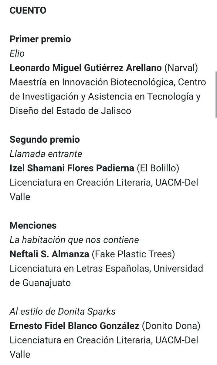 Saqué el segundo lugar en la categoría de cuento, en la edición 56 del concurso Punto de partida UNAM.🫰
<a href="/FaroIndiosVerde/">Faro Indios Verdes</a>
<a href="/UACM/">UACM</a> ❤️
Gracias a Aldo Rosales, el mejor tallerista siempre. 🫶