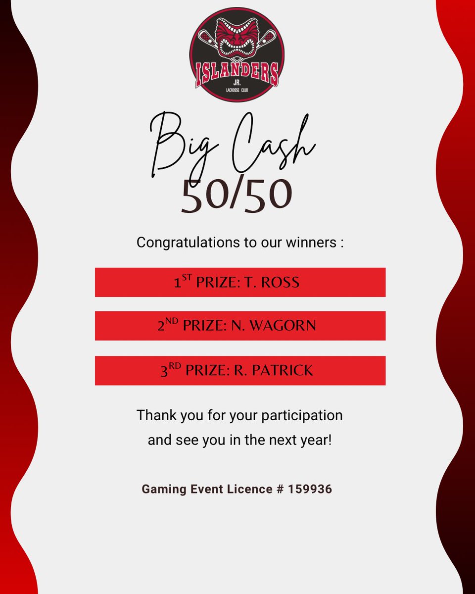 deltajrlacrosse's tweet image. Congrats to the winners of the Big Cash 50-50 draw!