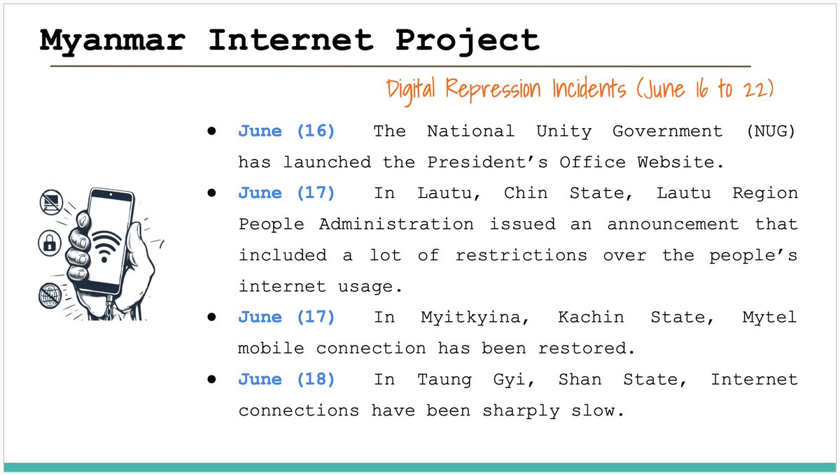 Myanmar_IP's tweet image. Digital Repression Incidents in Myanmar (June 16 to 22 )
#FOE
#InternetShutDown
#Surveillance
#Digital_Repression
#WhatsHappeningInMyanmar
#KeepItOn
Full Report >>> myanmarinternet.info/digital-coup