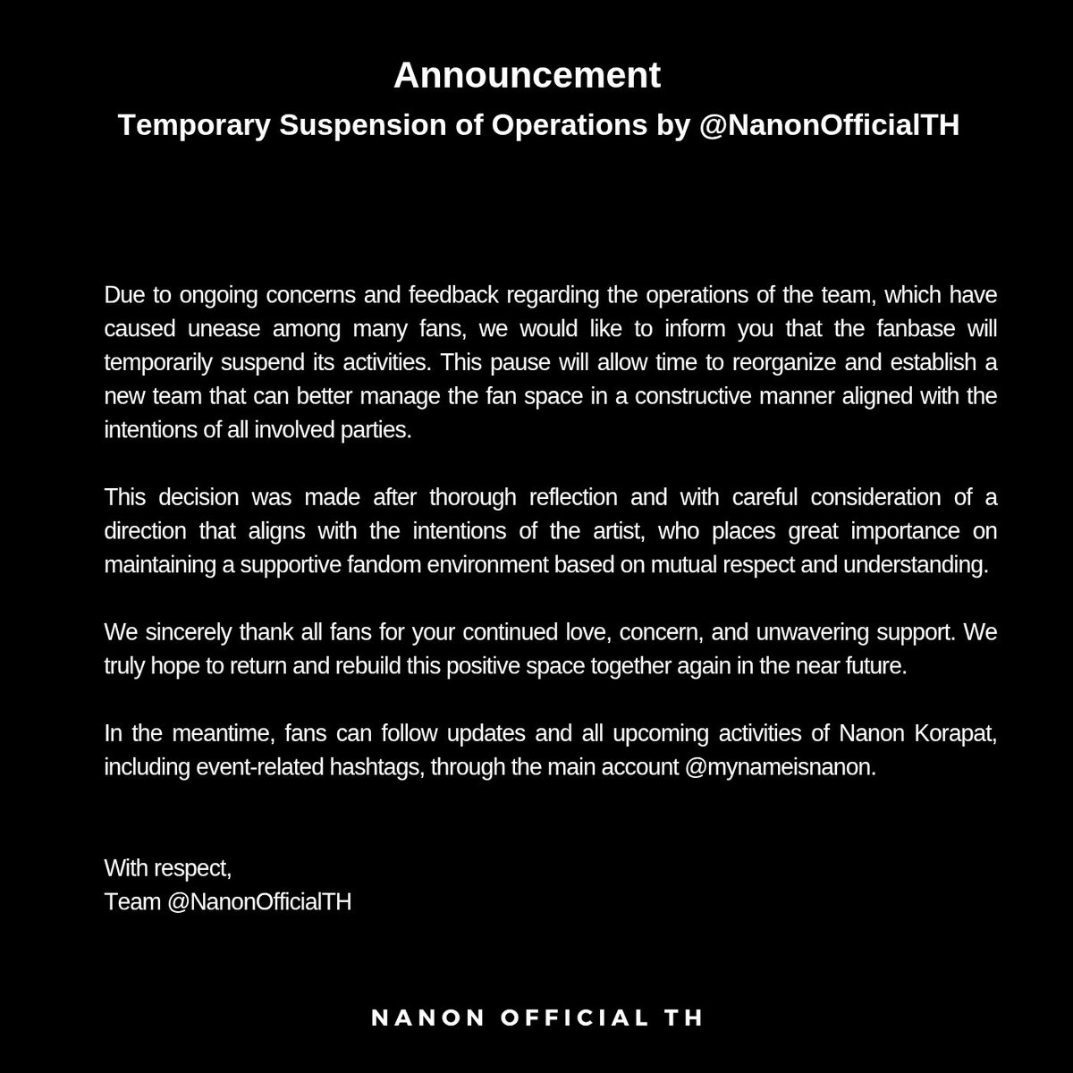แถลงการณ์ยุติการปฏิบัติงานของบ้าน <a href="/NanonOfficialTH/">NANON OFFICIAL TH</a> เป็นการชั่วคราว

Announcement: Temporary Suspension of Operations by <a href="/NanonOfficialTH/">NANON OFFICIAL TH</a>

#mynameisnanon #nanon_korapat #คุณเอ็นของNNN
<a href="/mynameisnanon/">NANON</a>