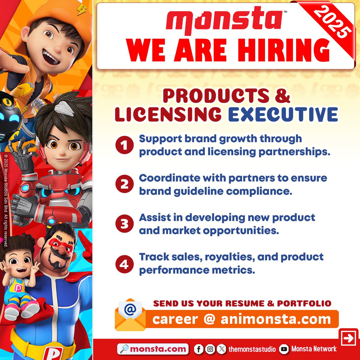 themonstastudio's tweet photo. 📧 Apply now: career@animonsta.com
📢 Share this to friends & families!

#carikerja #kerjakosong #3dasset #lineproducer #conceptartist #lrcartist #3dfxartist #creativemarketingexecutive #productslicensingexecutive #productioncoordinator #jobsearch #monsta #boboiboy #mechamato #papaipi #flywithyaya