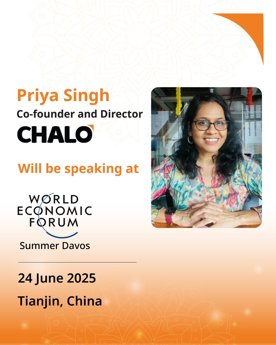 Chalo (@chaloapp) on Twitter photo Thrilled to share that our Co-founder and Director, <a href="/priyamohit/">Priya Singh</a> , will take the stage to speak on a bold and timely theme: “Consumer in the Intelligent Age” at the <a href="/wef/">World Economic Forum</a> Summer Davos in China, today.
Priya will bring Chalo’s powerful perspective to the global conversation, shaped Thrilled to share that our Co-founder and Director, <a href="/priyamohit/">Priya Singh</a> , will take the stage to speak on a bold and timely theme: “Consumer in the Intelligent Age” at the <a href="/wef/">World Economic Forum</a> Summer Davos in China, today.
Priya will bring Chalo’s powerful perspective to the global conversation, shaped