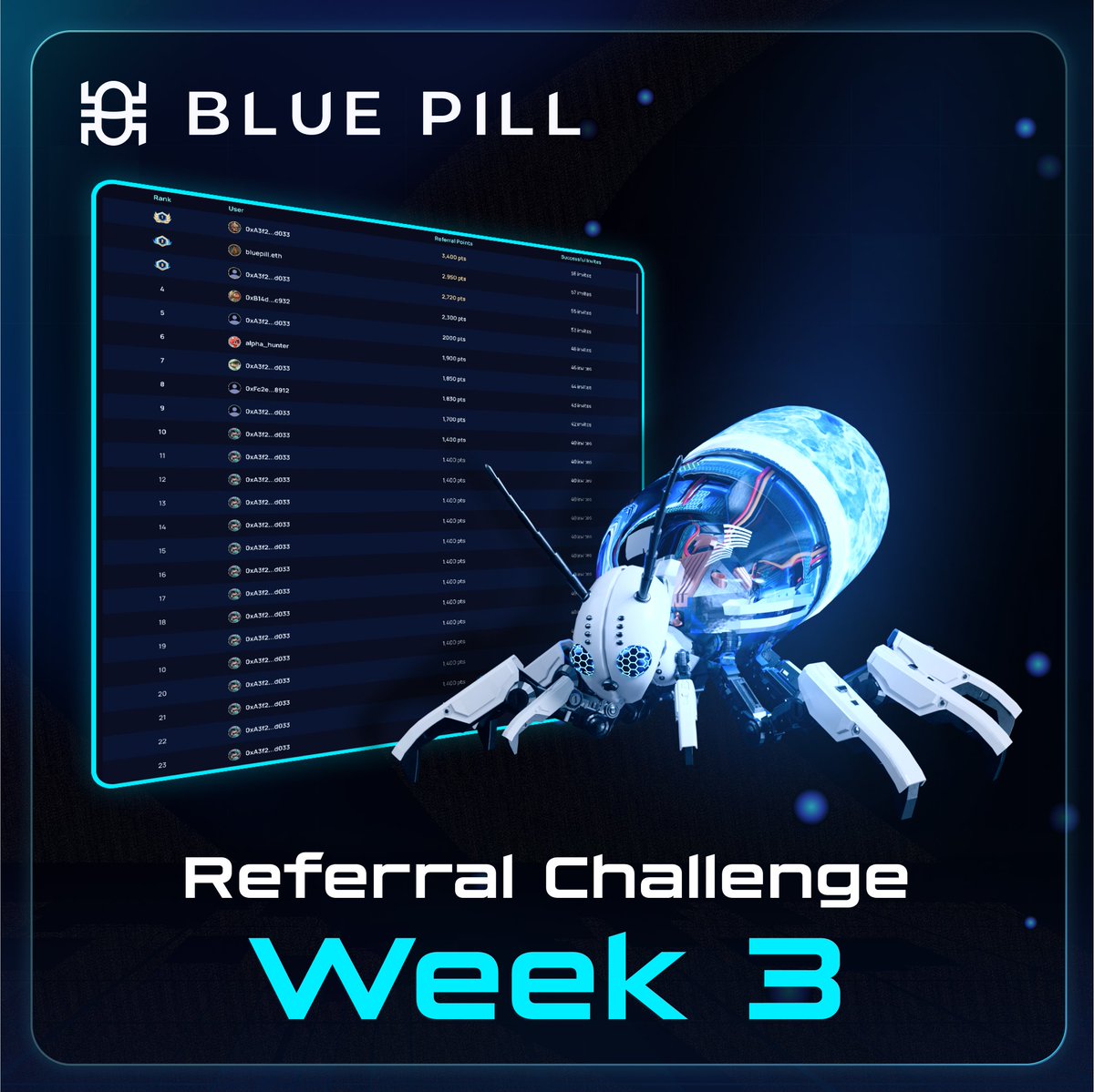 ✨ A new week = a new chance to rise.

The Referral Challenge is back from June 23–29 — and the leaderboard is open.

🎯 Invite your friends to join Bluepill Network
🎁 Top 20 referrers will earn exclusive rewards
📊 Rankings update in real time

You don’t need luck. You just