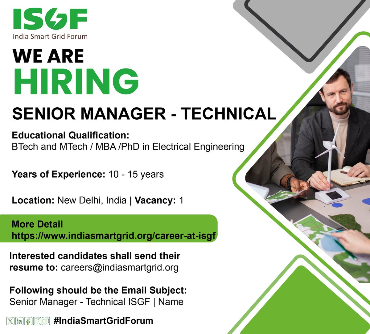 India Smart Grid Forum (@indiasmartgridf) on Twitter photo #JobOpportunity | ISGF Invites applications for the Position of “Senior Manager - Technical”.
Interested and eligible candidates, please send your Resume to careers@indiasmartgrid.org
Read details at : indiasmartgrid.org/career-at-isgf
#Career #Vacancy | <a href="/rejipillai/">Reji Kumar Pillai</a> | <a href="/suri_reena/">Reena Suri</a> #JobOpportunity | ISGF Invites applications for the Position of “Senior Manager - Technical”.
Interested and eligible candidates, please send your Resume to careers@indiasmartgrid.org
Read details at : indiasmartgrid.org/career-at-isgf
#Career #Vacancy | <a href="/rejipillai/">Reji Kumar Pillai</a> | <a href="/suri_reena/">Reena Suri</a>