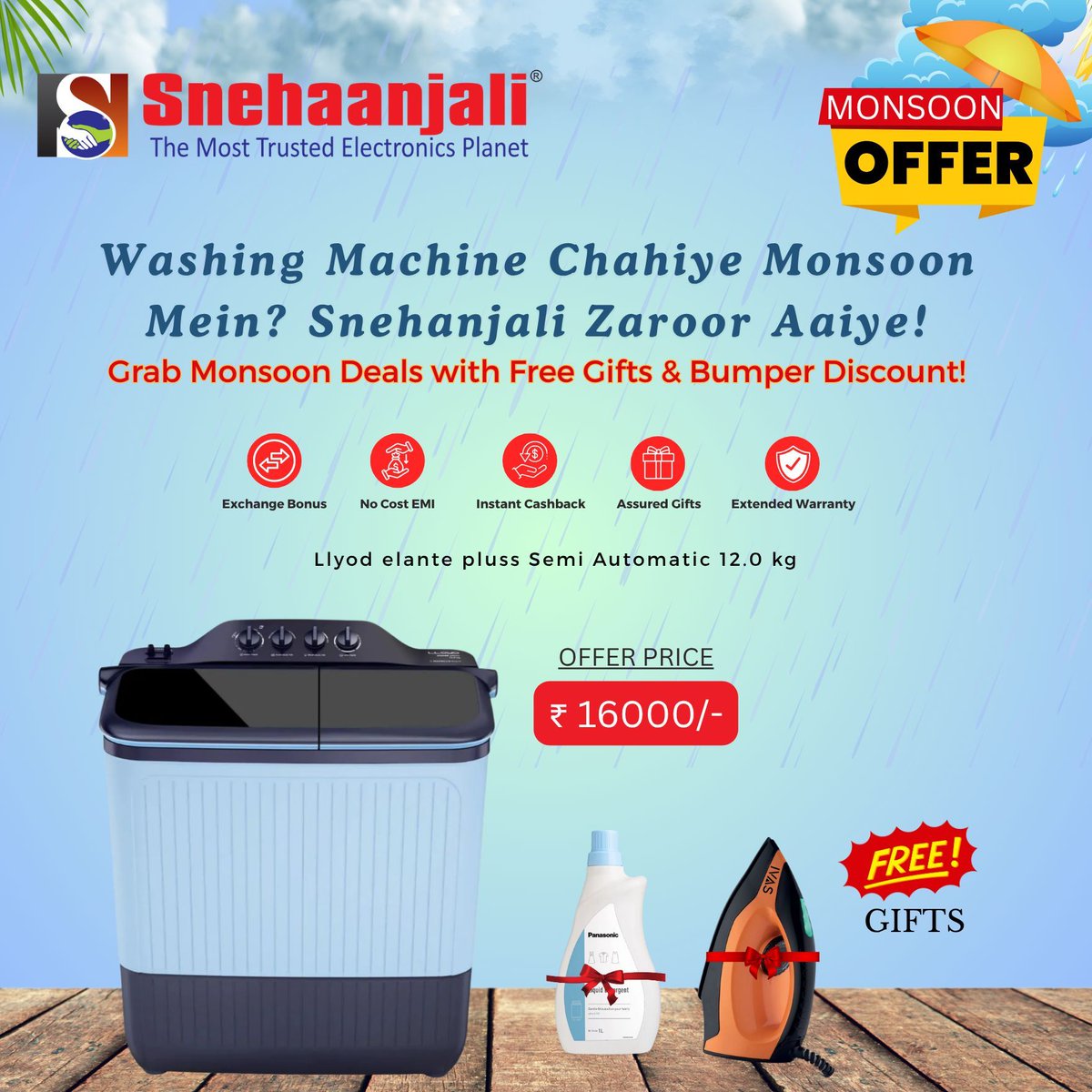 snehaanjali_'s tweet image. Make your monsoon laundry effortless with the powerful Lloyd Elante Plus 12.0 kg Washing Machine 
This Monsoon – get it @ just ₹16,000/- only at Snehanjali Electronics!
#MonsoonOffer #LloydWashingMachine #SemiAutomaticWasher #SnehanjaliElectronics #LaundryDeals #HomeAppliances