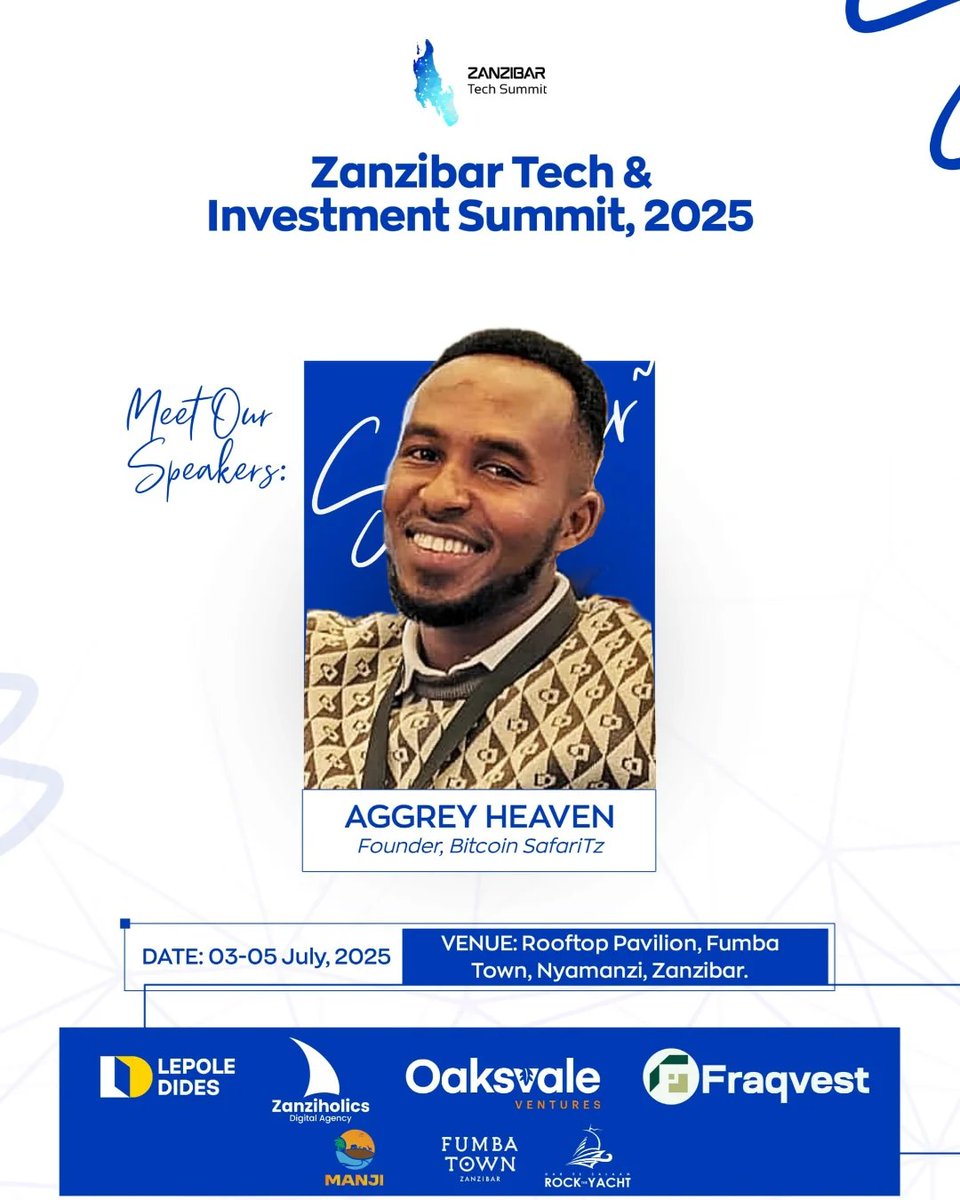 BitcoinSafariTZ's tweet photo. Hello Bitcoiners 🧡
Hello World 🌍  
Hello Africa 🌍  
Hello Tanzania 🇹🇿  
Hello Zanzibar 🌴  

The Zanzibar Tech & Investment Summit 2025 is just around the corner! 🚀  

From July 3rd to July 5th, join visionary minds and tech leaders in Fumba Town, Zanzibar — where innovation meets opportunity. Experts from across sectors including blockchain, AI, fintech, and more will gather to share insights on the present and future of technology.  

We at @BitcoinSafariTZ are proud to congratulate our founder, @Graysatoshi, for being selected as one of the summit speakers! 🎙️ He will be presenting on the topic:  
“Bitcoin and the Future of Finance.”  

This is a big moment for Bitcoin education and adoption in Tanzania and East Africa!  

If you're in Zanzibar or mainland Tanzania and passionate about tech, don’t miss this incredible opportunity to network, learn, and engage.  

🎟️ Secure your seat today:  
👉🏿 https://t.co/EjaGSwjRFx

#ZTS2025 #BitcoinSafariTz #Graysatoshi #BitcoinEducation #TechInZanzibar #FutureOfFinance #BlockchainAfrica #ZanzibarEvents #TanzaniaTech #BitcoinInAfrica #EastAfricaInnovation  #BitcoinSpeaker #OrangePillAfrica
