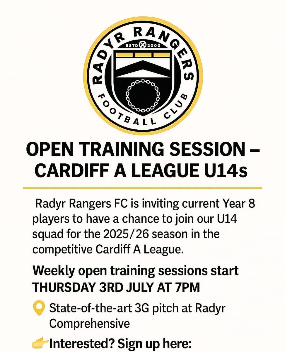 In year 8 and looking to join an amazing football club? Fill in this form and come along to our open training session on July 3rd ⚽️ 

forms.gle/vv2Dn1hKKFqm2j…

#radyrrangersfc #radyrrangersfootballclub #grassrootsfootball #football #radyr