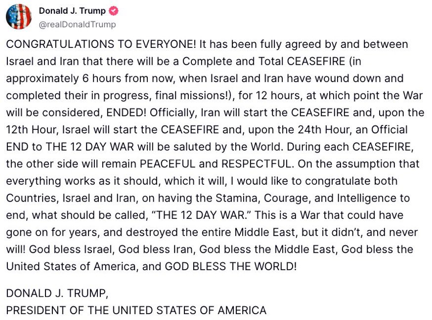 🔥 Breaking: Trump declares ceasefire between Iran and Israel!
This could spark a major market surge!