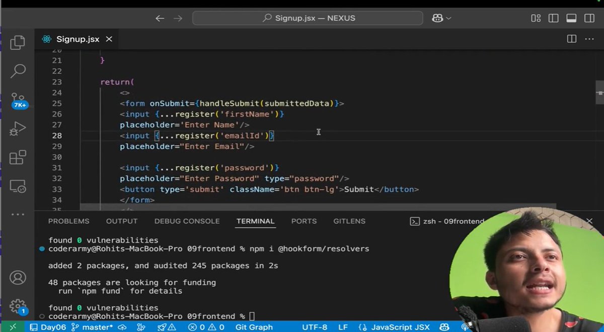 ashish_st's tweet photo. 🚀 #Day143
Lecture 12 – LeetCode Clone Auth Deep Dive
🔒 Zod + @hookform/resolvers for schema validation   📝 Built React Login &amp; Signup with email &amp; username checks
💪 Solid forms = user trust &amp; scalable auth
#ReactJS #WebDev #FormValidation #Zod #ReactHookForm https://t.co/iGEIpwMETG