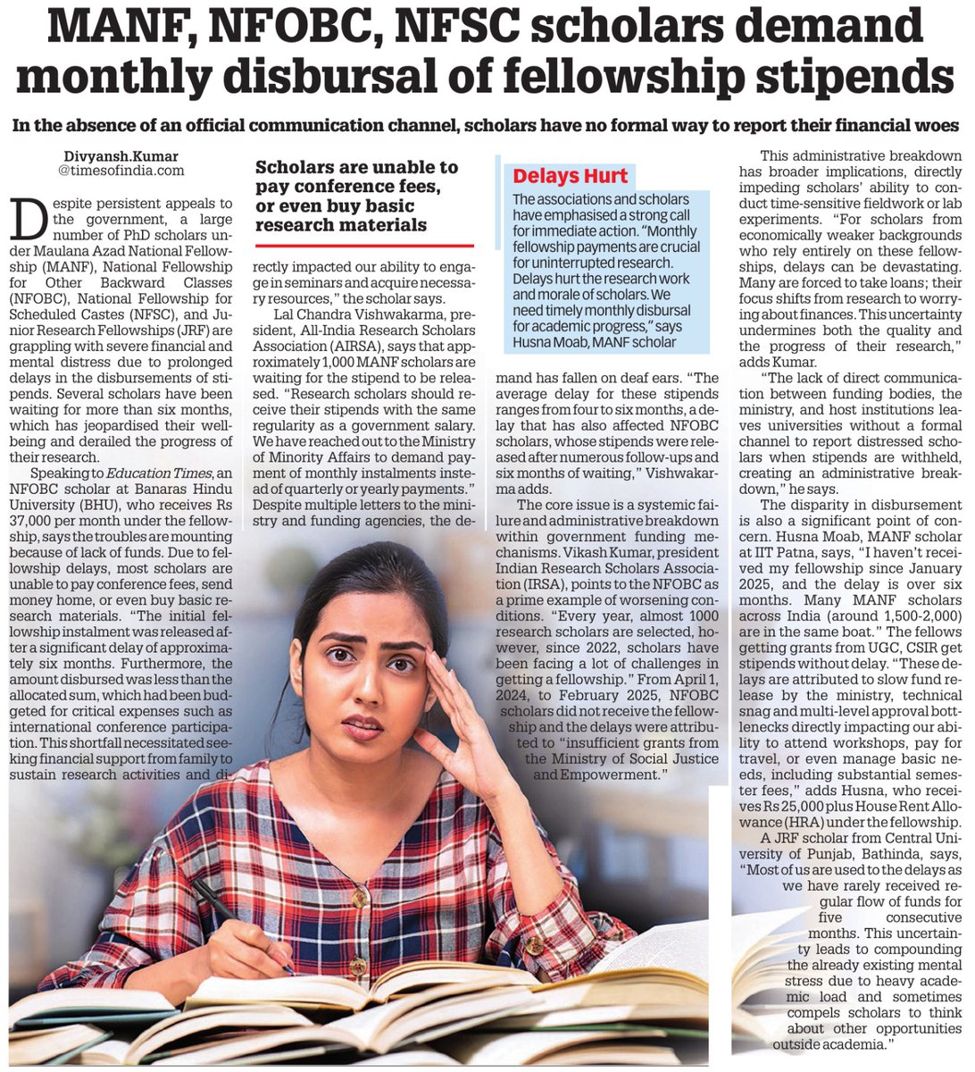 Indian researchers need regular fellowship disbursement to sustain their research. MANF scholars haven’t received funds for months. The Ministry must act now and ensure timely release of fellowships #SupportResearch #MANF <a href="/MOMAIndia/">Ministry of Minority Affairs</a> <a href="/KirenRijiju/">Kiren Rijiju</a> <a href="/timesofindia/">The Times Of India</a> <a href="/thakur_div01/">Divyansh</a>