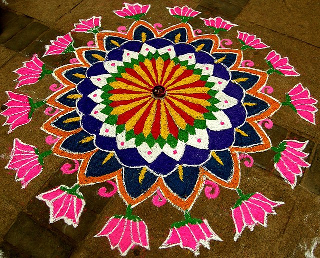 Kolam, complex geometric drawing art form using rice flour or chalk on the ground, relating to philosophic &amp; religious motifs, practised by female family members in many parts of India, Indonesia, Malaysia, Thailand #WomensArt