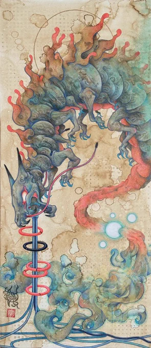 蚣蝮(はか•ばしゃ•こうふく) 中国の伝説の生物で竜が生んだ9匹(竜生九子)の子供の1匹。蚣蝮は水を好む性質があり、「吸水獣(きゅうすいじゅう)」とも呼ばれ、水量を調節する力を持つとされている。口が大きく体内に大量の水を蓄えることができるため、建物の排水口にも多く用いられている。