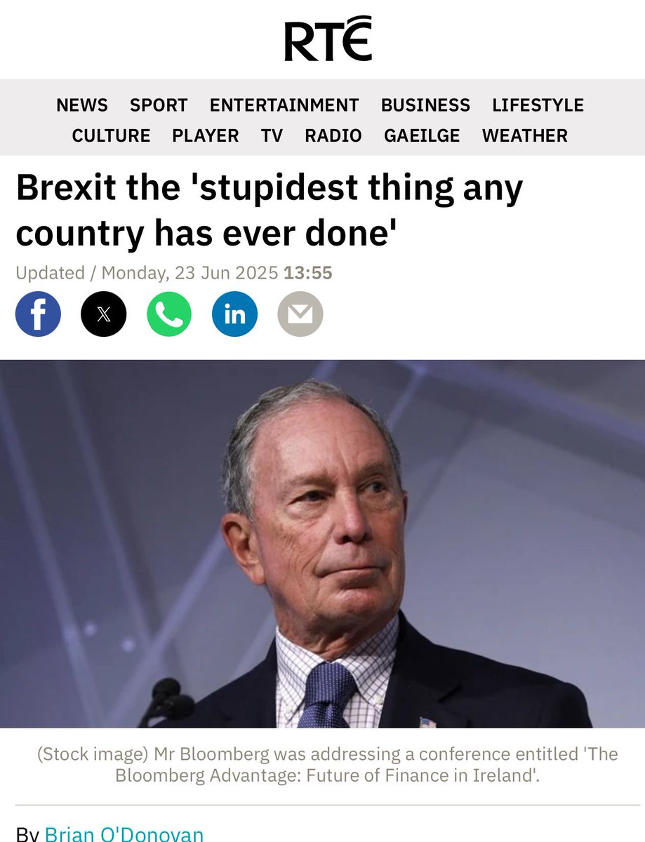 🇮🇪 Billionaire Michael Bloomberg calls Brexit “the single stupidest thing any country has ever done.”

Meanwhile Ireland booms — attracting investment, talent, and tech giants.

Britain waved a flag. Ireland got the jobs.

rte.ie/news/business/…