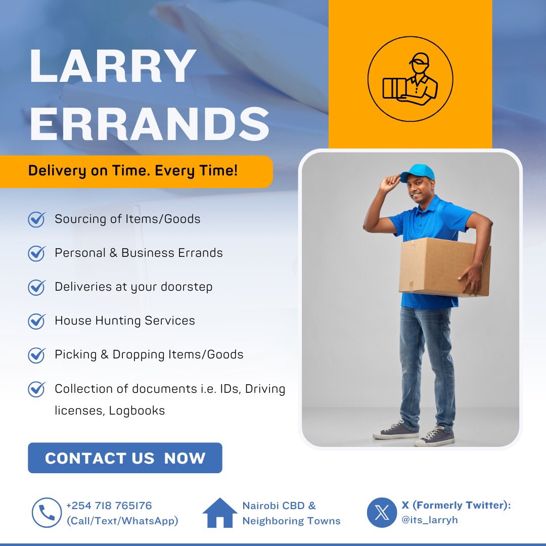 I do run errands within Nairobi CBD and its environs. My services include product sourcing, goods collection and deliveries I also do house hunting all at affordable rates . Feel free to call or text 0718765176. You can also dm me on this app (x) .