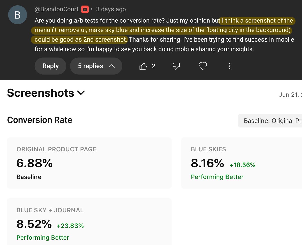 I changed a few of my screenshots based on a YouTube comment and got a huge increase on my games conversion rate!