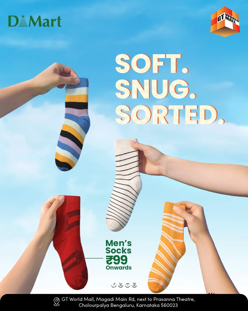 gtworldmall's tweet image. 🧦 Soft. Snug. Sorted.
Step up your comfort game with everyday socks from DMart – your feet will thank you! 🙌💙
🛒 Find us at GT World Mall
#DMartFinds #SocksSeason #ComfyEssentials #DailyDeals #GTWorldMall #EverydayStyle #SocksLove