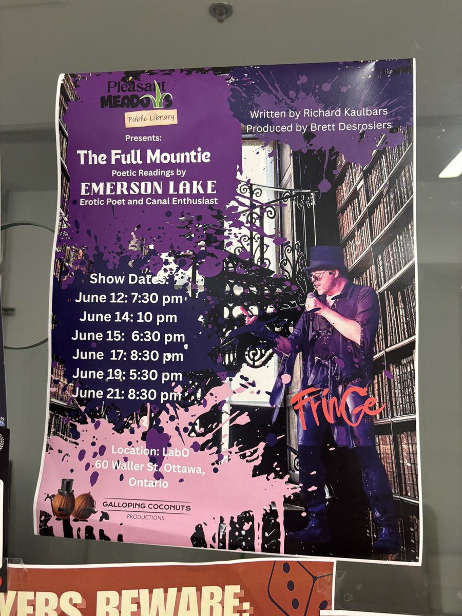 Pleasant Meadows Public Library Presents The Full Mountie: Poetic Readings by Emerson Lake, Erotic Poet and Canal Enthusiast

A raunchy satire in which an unlikely (and uninhibited) hero enters the public library culture wars.