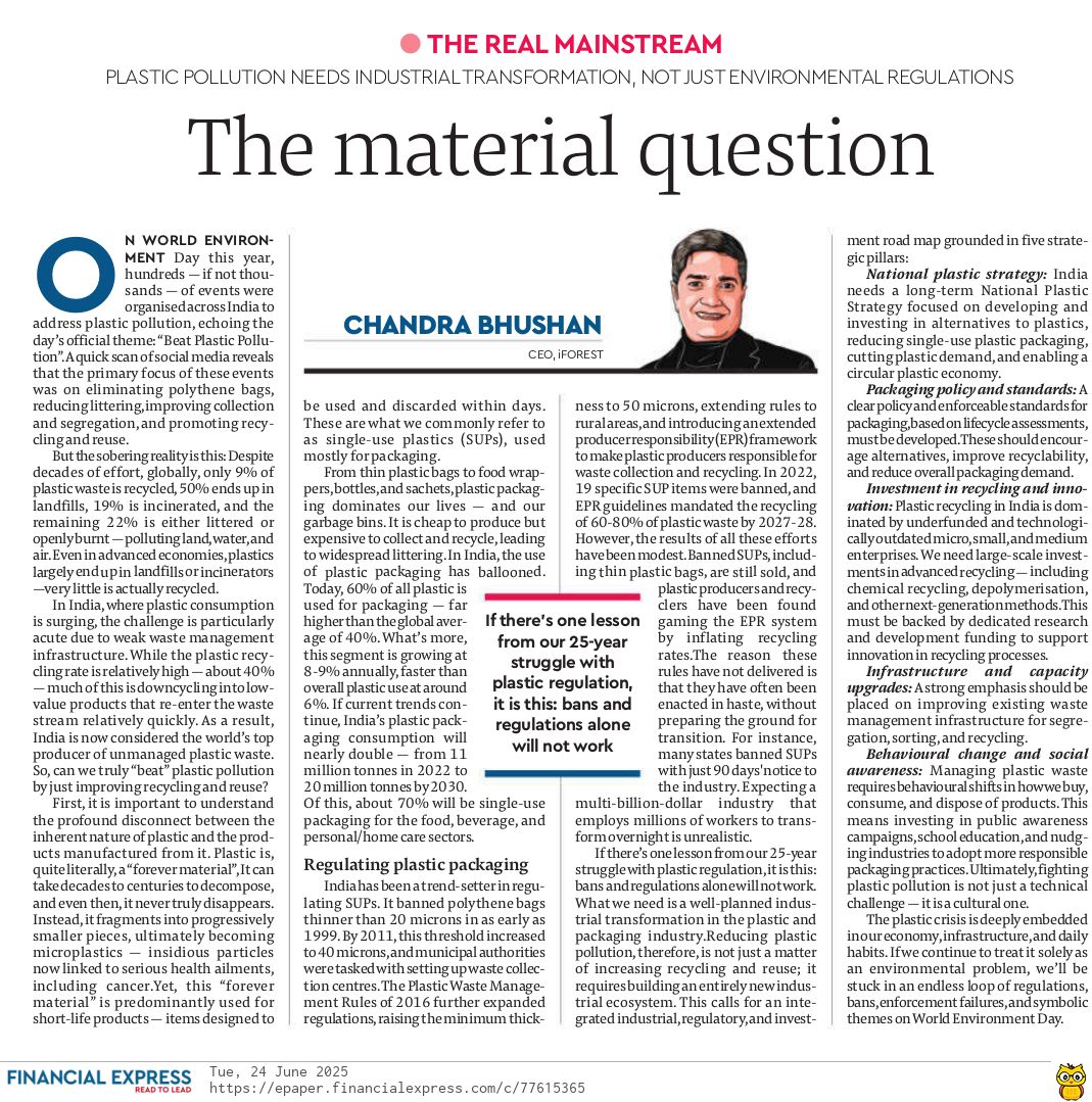 iFOREST (@iforestglobal) on Twitter photo "Reducing plastic pollution is not just a matter of increasing recycling and reuse, it requires building an entirely new industrial ecosystem. This calls for an integrated industrial, regulatory, and investment road map," writes <a href="/Bh_Chandra/">Chandra Bhushan</a>, CEO, iFOREST in today's issue of the "Reducing plastic pollution is not just a matter of increasing recycling and reuse, it requires building an entirely new industrial ecosystem. This calls for an integrated industrial, regulatory, and investment road map," writes <a href="/Bh_Chandra/">Chandra Bhushan</a>, CEO, iFOREST in today's issue of the